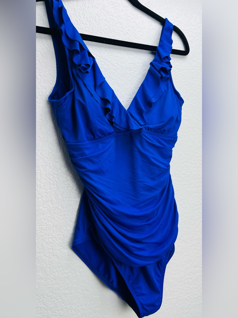 Lauren Ralph Lauren Blue One Piece Swimsuit Ruffle V Neck Ruched Size 10